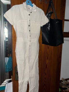 Cream Short-Sleeve Button-Front Jumpsuit